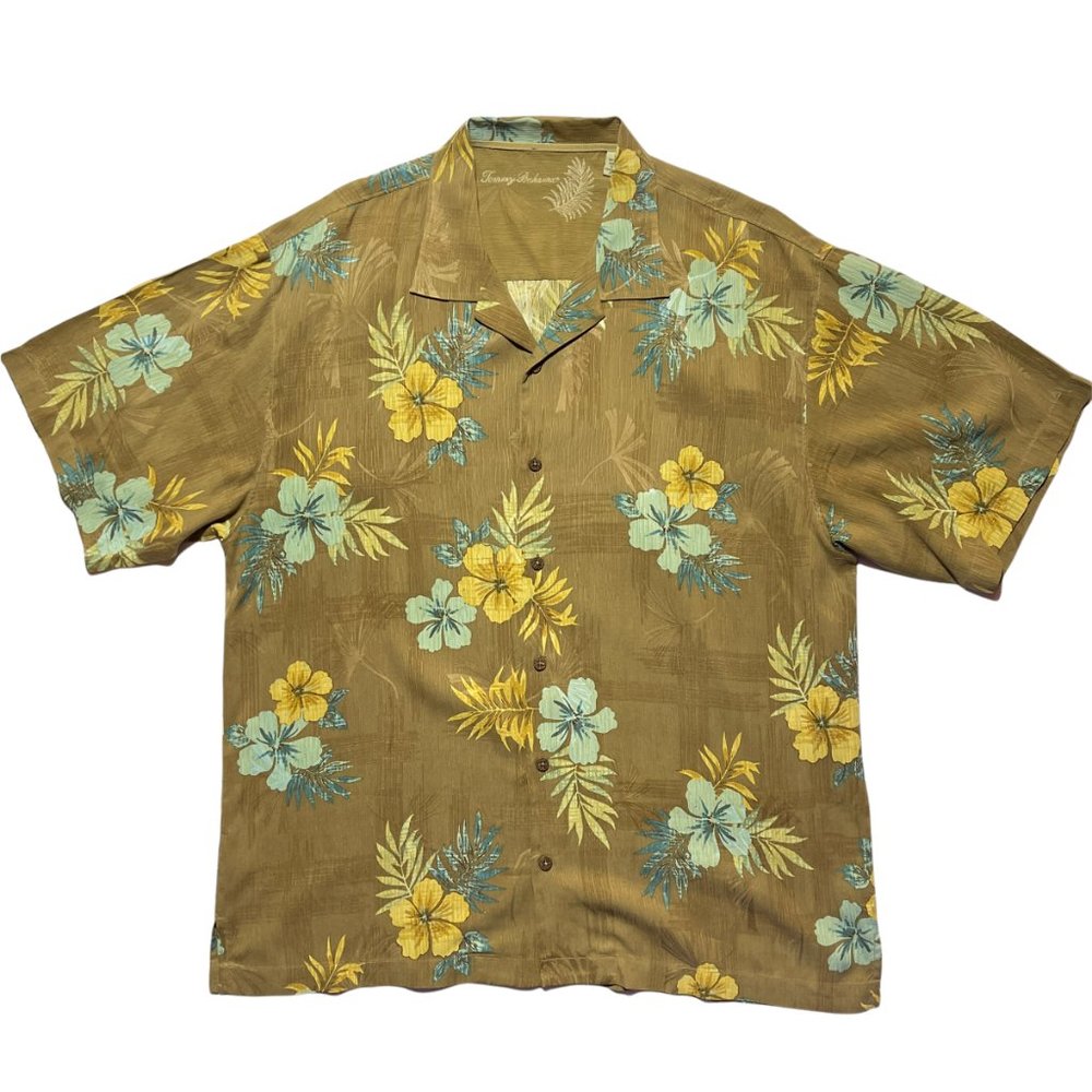 Tommy Bahama Silk Floral Olive Green Hawaiian Shirt Men's XL
